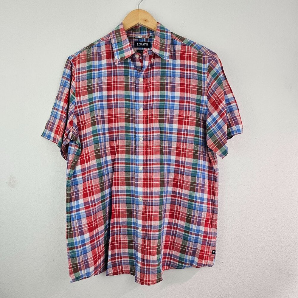 Ralph Lauren Chaps Linen Blend Colorful Plaid Shirt Mens Sz L Preppy Work Casual